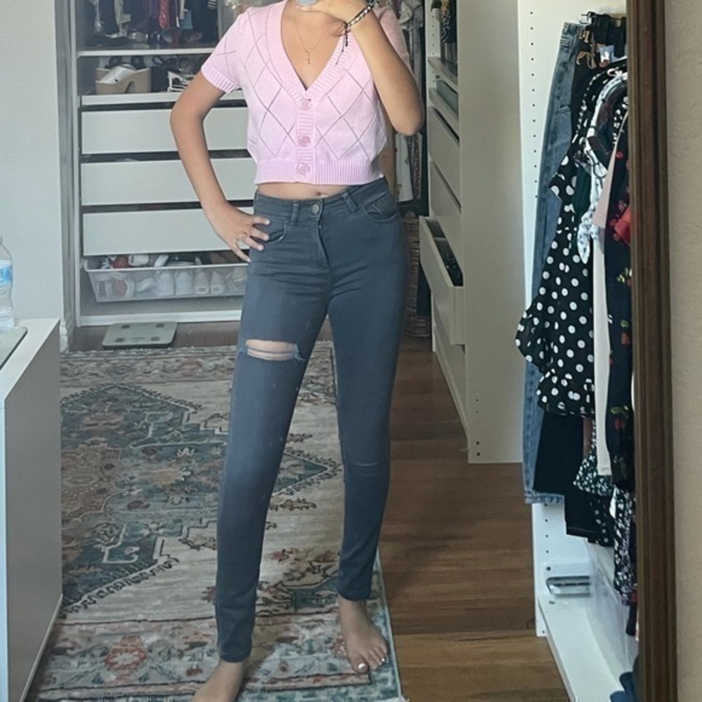 Greyish blue skinny Jean distressed ripped